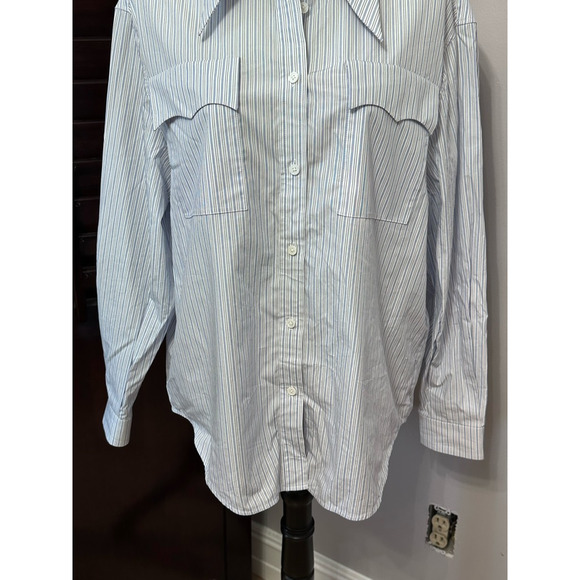 Nancyavally Womens Button Up Shirt Blue Striped Long Sleeve Pockets Preppy S - Picture 3 of 9